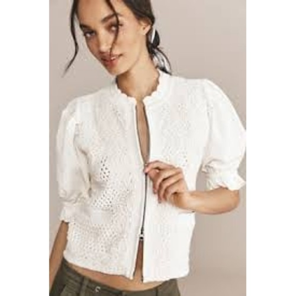 NWT By Anthropologie Puff-Sleeve Mock-Neck Mixed Media Cardigan Sweater XXSP